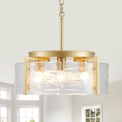 4 Light Glass Gold Chandeliers for Dining Room 17.3" Round Modern Farmhouse Chandelier Drum Hanging Pendant Ceiling Light Fixture for Hallway Entryway Kitchen Island Foyer Bedroom Laundry