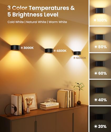 Motion Sensor Wall Light with Remote Control 3 Colors Wireless Wall Lamp LED Indoor Up and Down Wall Sconce 5000mAh Rechargeable Battery Powered Wall Lamps Brightness Adjustable (2 Count)