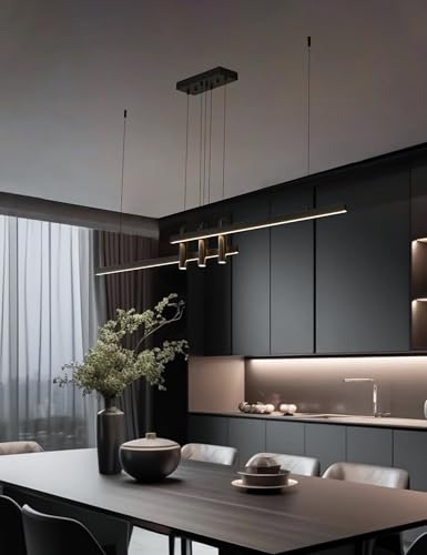 Modern Black Linear Pendant Lights Kitchen Island Lighting Minimalist Led Chandeliers Pool Table Light Dimmable Ceiling Hanging Light Fixture Dining Room with Remote Control