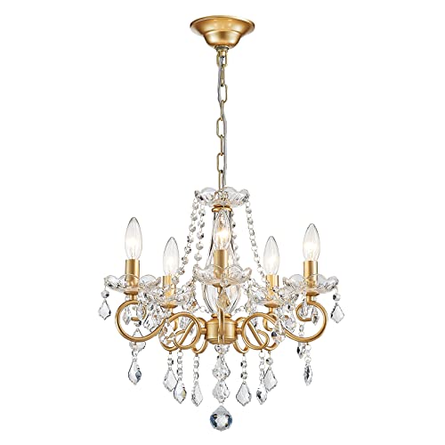 Mini Crystal Chandelier K9 Crystal Gold Chandelier for Living Room Bedroom Dining Room Kitchen Island Entryway 5 E12 Bulbs High 16.5 in x Diameter 16.9 in