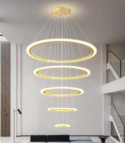 Modern LED Dimmable Chandelier 5 Ring High Ceiling Large Chandelier for Living Room Hanging Light Fixture for Foyer Staircase Gold