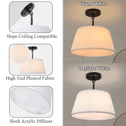 12.6”Dia White Pleated Drum Shade Close to Ceiling Light Fixture