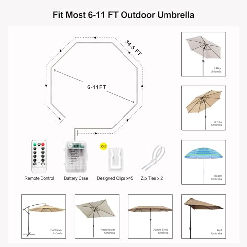 Patio Umbrella Lights Cordless LED Market Table Umbrella Lights with Remote Control Battery Operated Waterproof Parasol String Lights