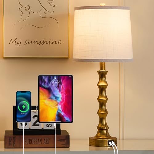 24" Small Gold Buffet Lamps Set of 2 with USB A+C Ports (2 Count)