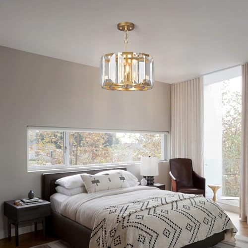 Gold Modern Crystal Chandeliers Round Farmhouse Pendant Light Semi Flush Mount Ceiling Light Fixture for Bedroom Dining Room Kitchen Island Living Room Foyer Hallway
