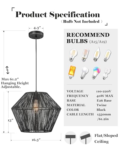 16.5” Large Modern Woven Chandelier Farmhouse Coastal Pendant Light Fixtures Matte Black Handwoven Rattan Basket Shade Boho Pendant Hanging Lamp for Kitchen Dining Room Bedroom Foyer Hallway