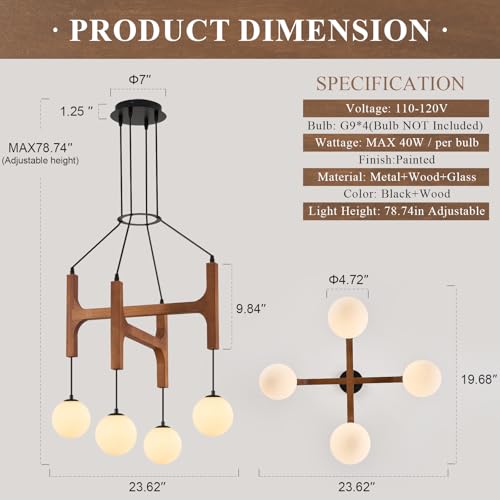 Farmhouse 4 Light Wooden Chandelier with Milk Glass Globe L24 Inch (4 Count)