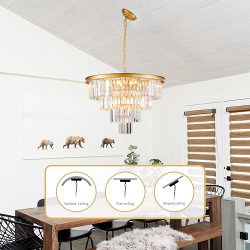 10 Light Modern Gold Crystal Chandelier for Dining Room 24'' Dining Room Light Fixture Contemporary Pendant Round 4