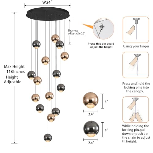 Chandeliers for Dining Room Flush Mount Dimmable Round Ceiling Light for Living Room 15 Lights Crystal Raindrop Chandelier D24''xH118''