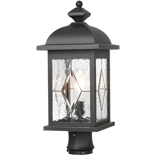 Dusk to Dawn Outdoor Post Lights Black Finish Lamp Posts Outdoor Lighting with Water Ripple Hand‑soldered Glass 21 Inch Height Large Pole Lights Outdoor for Walkway Porches or Garden