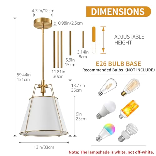Modern Pendant Light Fixtures with 13" White Linen Fabric Shade