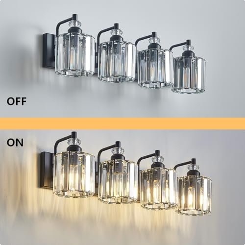 4 Light Black Bathroom Light Fixtures Over Mirror Modern Vanity Lights Crystal Wall Sconce Vintage Bathroom Lighting with Crystal Shade E26 Base for Bedroom
