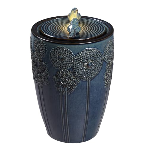 Blue Ceramic Bird & Dandelion Fountain