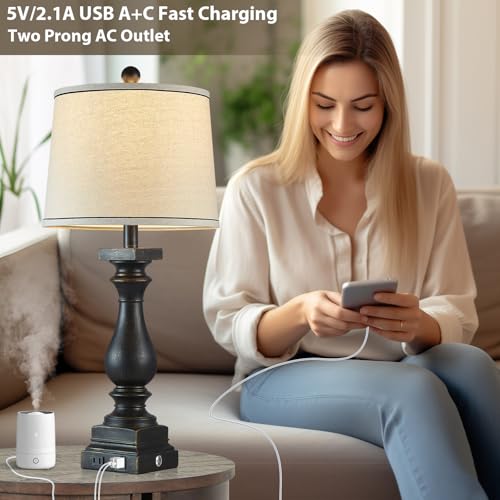 28" Tall Farmhouse Table Lamps with USB C+A Ports and AC Outlet