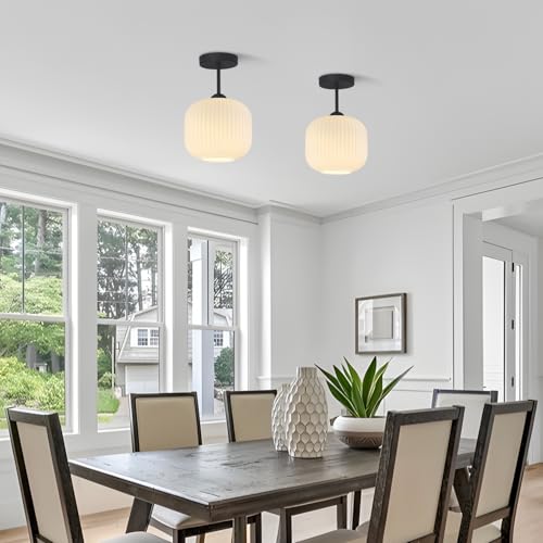 Small White Ribbed Glass Flush Mount Ceiling Light (2 Count)