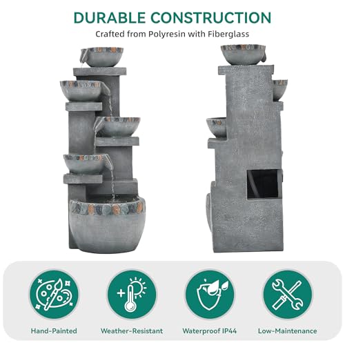 4 Tier Outdoor Water Fountain Outdoor with Pebbles and Warm LED Lights