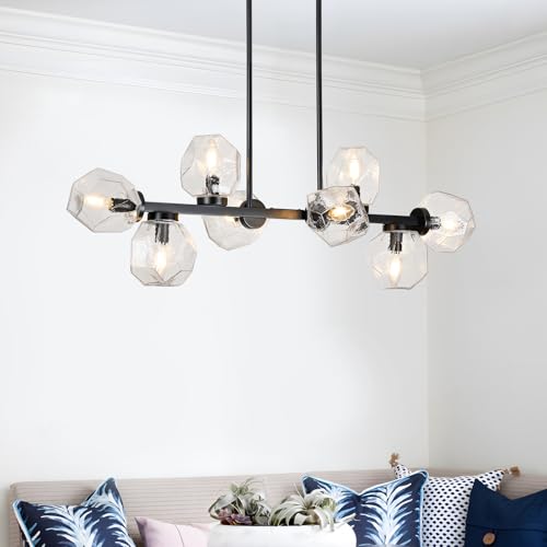 Modern Linear Chandeliers 8 Light Clear Glass Dining Room Light Fixture 39"" Black Mid Century Chandelier Pendant Light for Living Room Kitchen Island