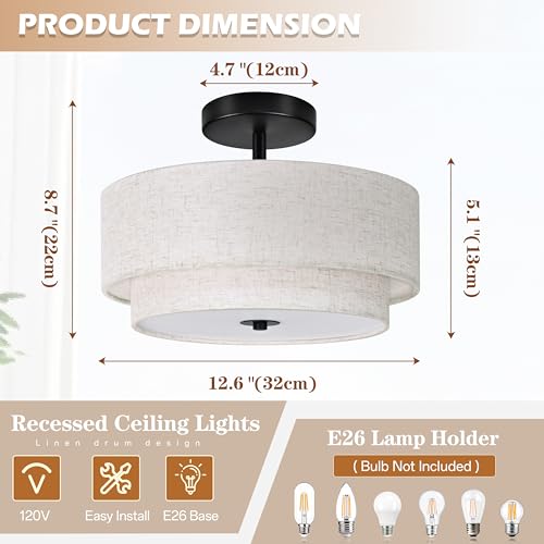 2 Light Semi Flush Mount Ceiling Light Fixture 12.6 Inch Modern Black Drum Ceiling Light Fixture with 2