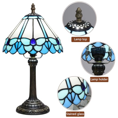 Tiffany Lamp Little Blue Butterfly Style Stained Glass Reading Lamp 8X8X14 Inch Bedroom Bedside Nightstand Night Light Home Office Desk Lamp with LED Bulb