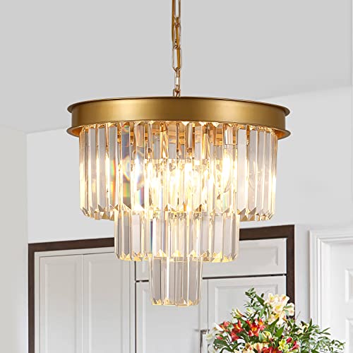 Gold Crystal Chandeliers 16” Modern Pendant Light Fixture for Dining Room