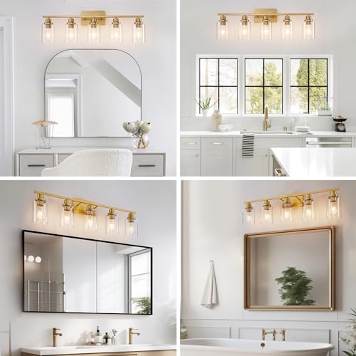 5 Light Gold Bathroom Light Fixtures Brushed Brass Vanity Light Over Mirror Modern Wall Lighting Sconces Wall Lamp for Bathroom (5 Count)