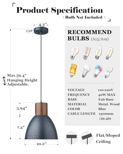2 Pack Modern Hammered Pendant Lights 10.2” Blue Solid Wood Hanging Lamp (2 Count)
