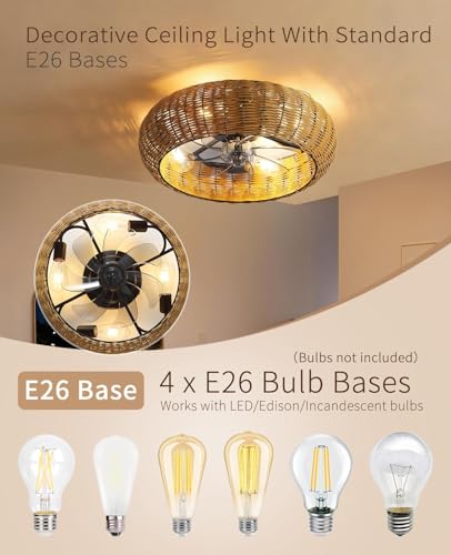 20" Boho PC Woven Low Profile Caged Ceiling Fan with Light and Remote (Brown / Medium)