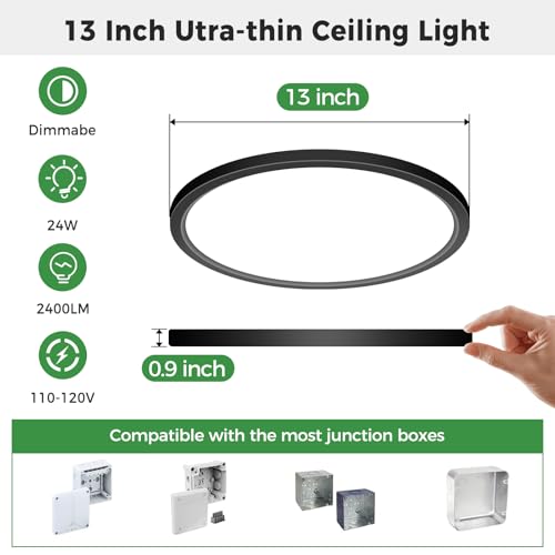 1Pack 13 inch Black LED Flush Mount Ceiling Lights
