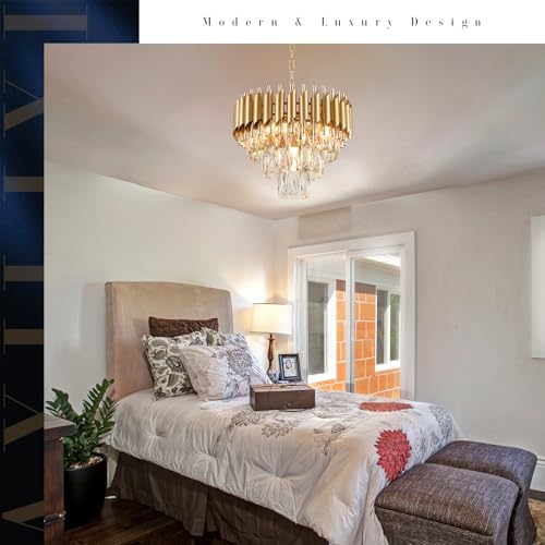 Gold Crystal Chandelier 16”Modern Ceiling Dining Room Pendant Light Fixtur
