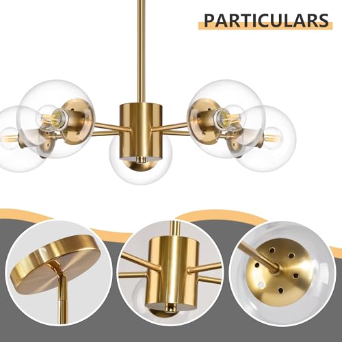 5 Light Globe Sputnik Chandelier Gold Mid Century Sputnik Chandeliers Dimmable Globe Pendant Light Brushed Brass Finished with Clear Glass Lampshade Chandeliers for Dining Room Bedroom
