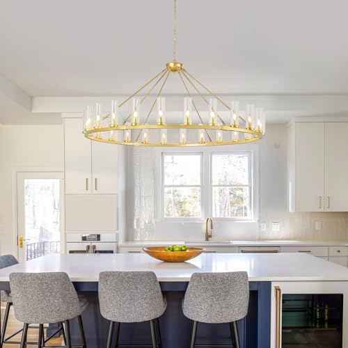 24 Light Large Wagon Wheel Chandelier with Clear Glass Shade Gold Round Pendant Light Farmhouse Industrial Chandeliers Dining Room Light Fixture for Stair Living Room Foyer Kitchen
