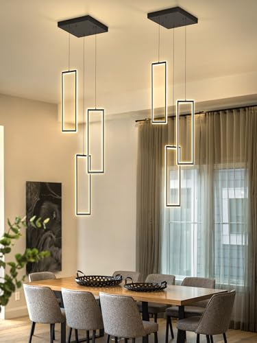 3 Lights Modern Rectangle Chandelier Dimmable Pendant Lighting Adjust LED Staircase Chandelier Hanging Light Fixtures for Kitchen Island Dining Room Entryway Foyer Black