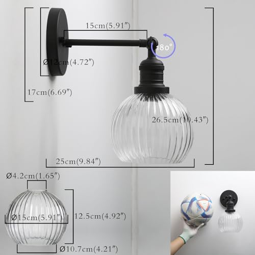 Vintage Wall Sconce Indoor Adjustable Wall Sconce with Ribbed Globe Glass Shade Black Wall Light Fixtures for Hallway Bathroom Kitchen Living Room