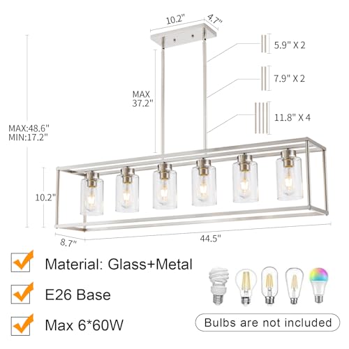 6 Light Brushed Nickel Dining Room Light Fixture Modern Farmhouse Chandelier Linear Hanging Pendant Lighting Rectangle for Kitchen Living Room Adjustable Height with Glass Shade (6 Count)