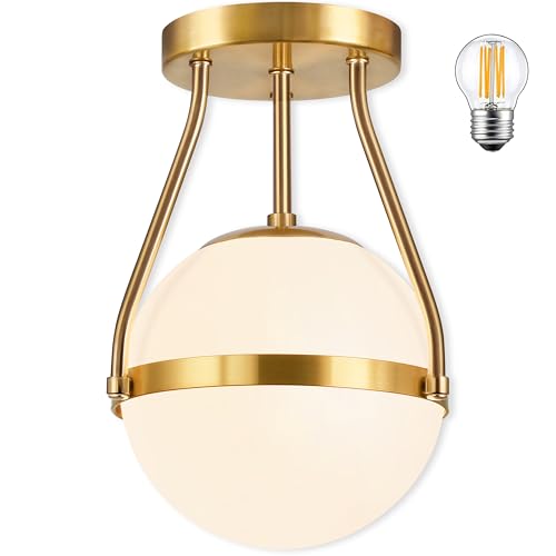 Globe Semi Flush Mount Ceiling Light Mid Century Modern Globe Ceiling Light Fixture with Milk Glass Shade Brass Finish for Living Room Hallway Kitchen Island Dining Room Laundry