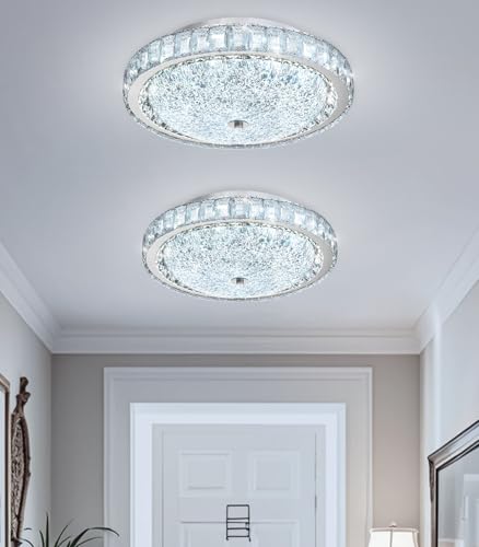 15.7" Modern Crystal Chandelier Dimmable LED Flush Mount Ceiling Light with Remote Control for Living Room Dining Room Bedroom Hallway Foyer Silver