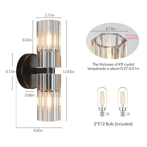 2 Light Black Wall Sconces Crystal Wall Sconce Modern Wall Sconces with K9 Crystal Lampshade Hallway Indoor Sconces Wall Lighting for Bathroom Entryway Stairway（1