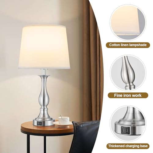 Bedside Table Lamp Touch Control Bedroom Lamps with USB A + C Charging Port 3 Way Dimmable Touch Lamps for Nightstand Living Room Bedroom Dorm Home Office Reading (2 Count)