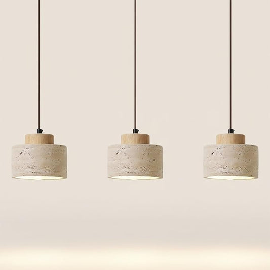 Set of 3 Japanese Travertine Hanging Lamps, Cylinder Natural Stone Pendant Lights Kitchen Island Adjustable Small Chandelier for Dining Room Bedside(Wood,15cm/5.90in)