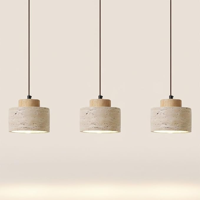 Set of 3 Japanese Travertine Hanging Lamps, Cylinder Natural Stone Pendant Lights Kitchen Island Adjustable Small Chandelier for Dining Room Bedside(Wood,12cm/4.72in)
