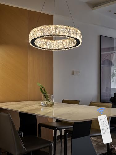 Modern LED Dimmable Crystal Chandelier 15.7in Black Ring Pendant Light Adjustable Round Crystal Chandelier Light for Dining Room Living Room