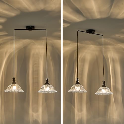 2 Light Pendant Light Fixtures Modern Glass Hanging Lights with Adjustable Cord for Kitchen Island Dining Room Living Room Hallway Black and Clear