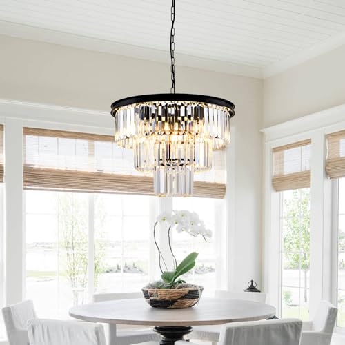 8 Light Modern Crystal Chandelier 20'' Black Chandeliers for Dining Room Contemporary Pendant Light Fixture Round 3-Tier Adjustable Height E12 for Living Room, Foyer, Entryway, Bedroom