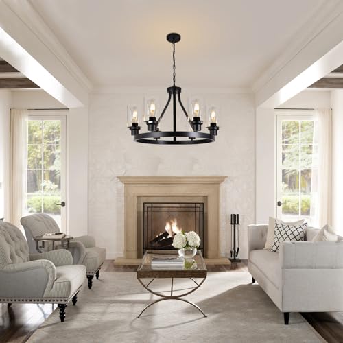 6 Light Farmhouse Chandelier Light Fixture Dining Room Lighting Fixtures Hanging Wagon Wheel Chandelier Kitchen Island Pendant Lights Modern Black Industrial Rustic Adjustable Height Metal