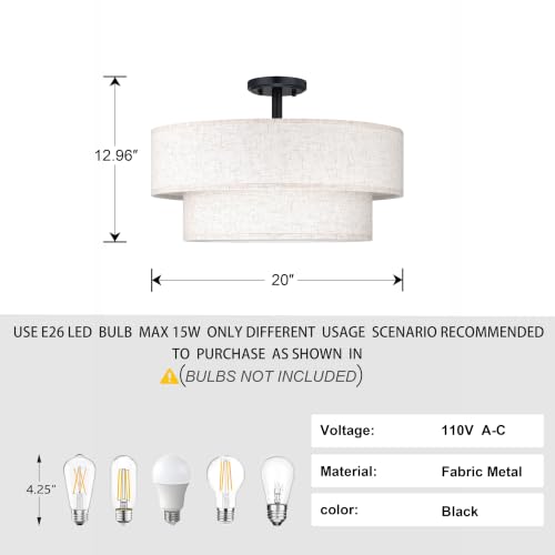2 Tier 20" Cream Drum Fabric 4 Light Black Semi Flush Mount Ceiling Light for Living Room Dining Room Bedroom Hallway