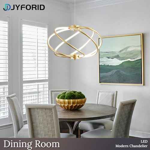 Gold Modern Chandelier with Remote Control, 48W 3-Color Temperature Dimmable LED Chandelier for Dining Room, Hanging Adjustable Pendant Light for Living Room Kitchen Foyer Entryway
