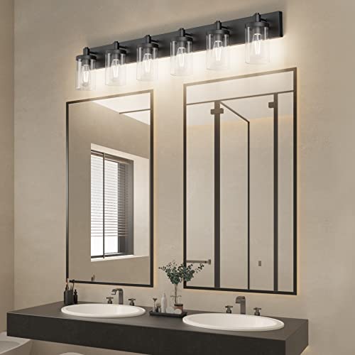 48in Vanity Light Black Bathroom Vanity Lighting Fixtures 6 Light Bathroom Light Fixtures with Clear Glass Shade