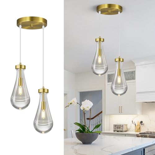 Raindrop Pendant Lights Kitchen Island Teardrop Gold Hanging Light Fixtures Clear Solid Glass Pendant Light Modern Chandeliers for Dining Room Porch Corridor Living Room