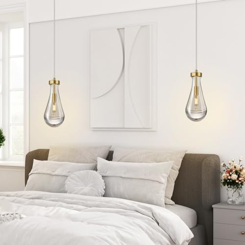 Raindrop Pendant Lights Kitchen Island Teardrop Gold Hanging Light Fixtures Clear Solid Glass Pendant Light Modern Chandeliers for Dining Room Porch Corridor Living Room…