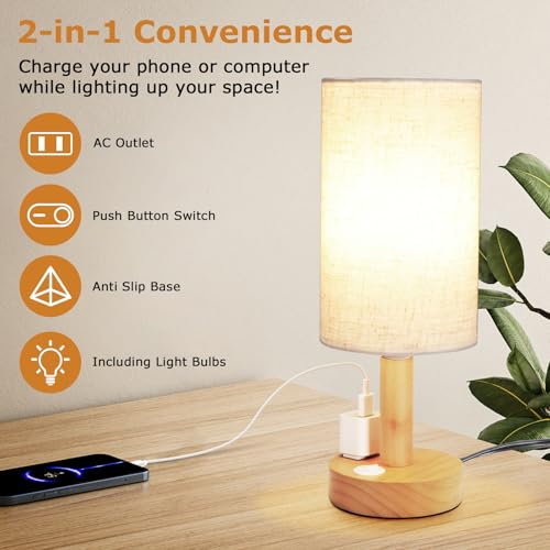 Small Bedside Table Lamp with AC Outlet